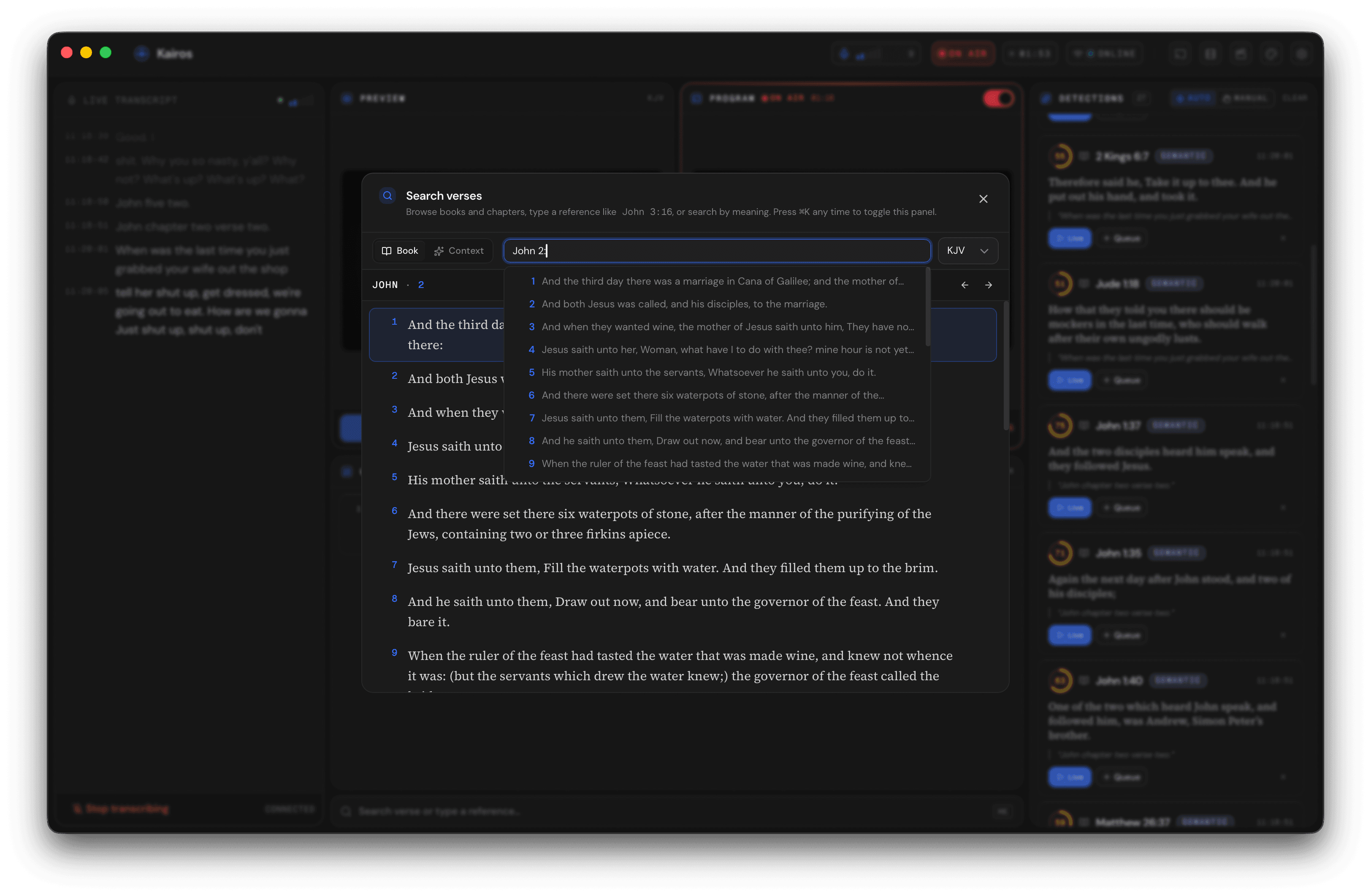 Quick navigation popover with autocomplete suggestions for "J" expanding to Joshua, Job, John, James, Jude