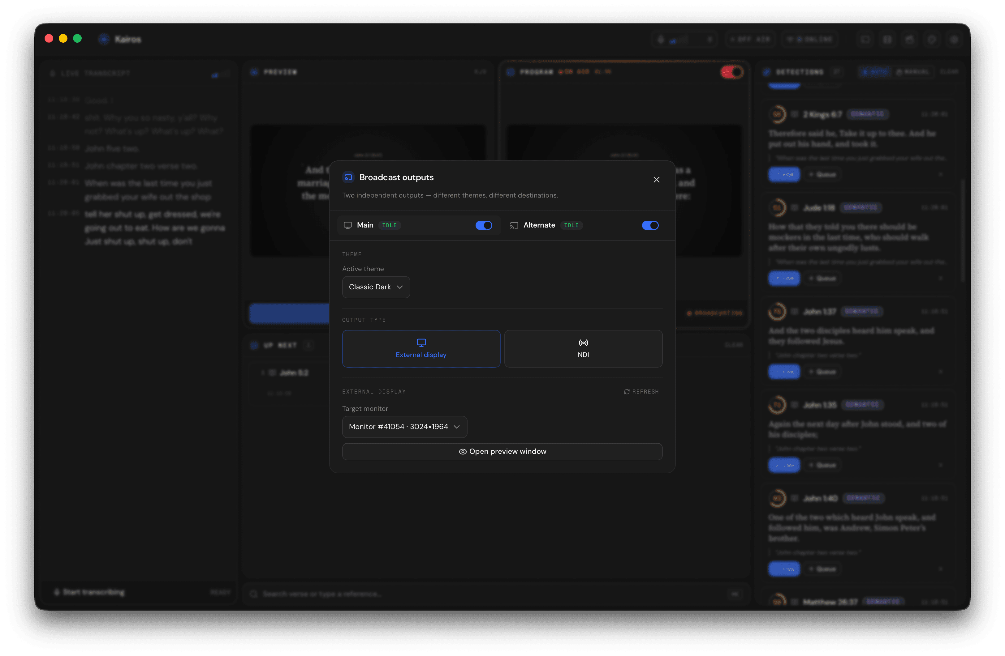 Broadcast settings panel with controls for resolution, frame rate, and alpha mode