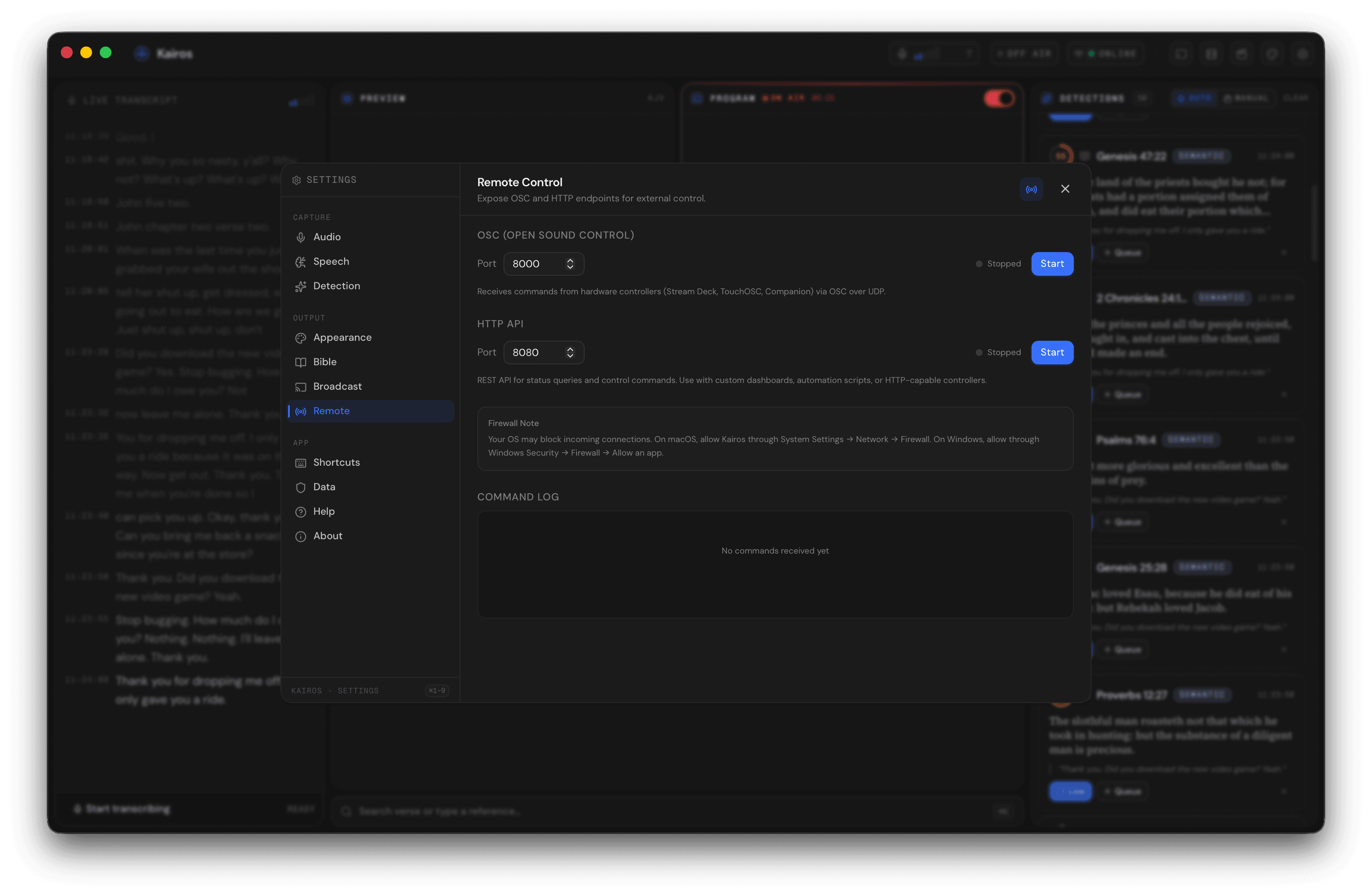 Settings → Remote tab with toggles, port inputs, and a live command log