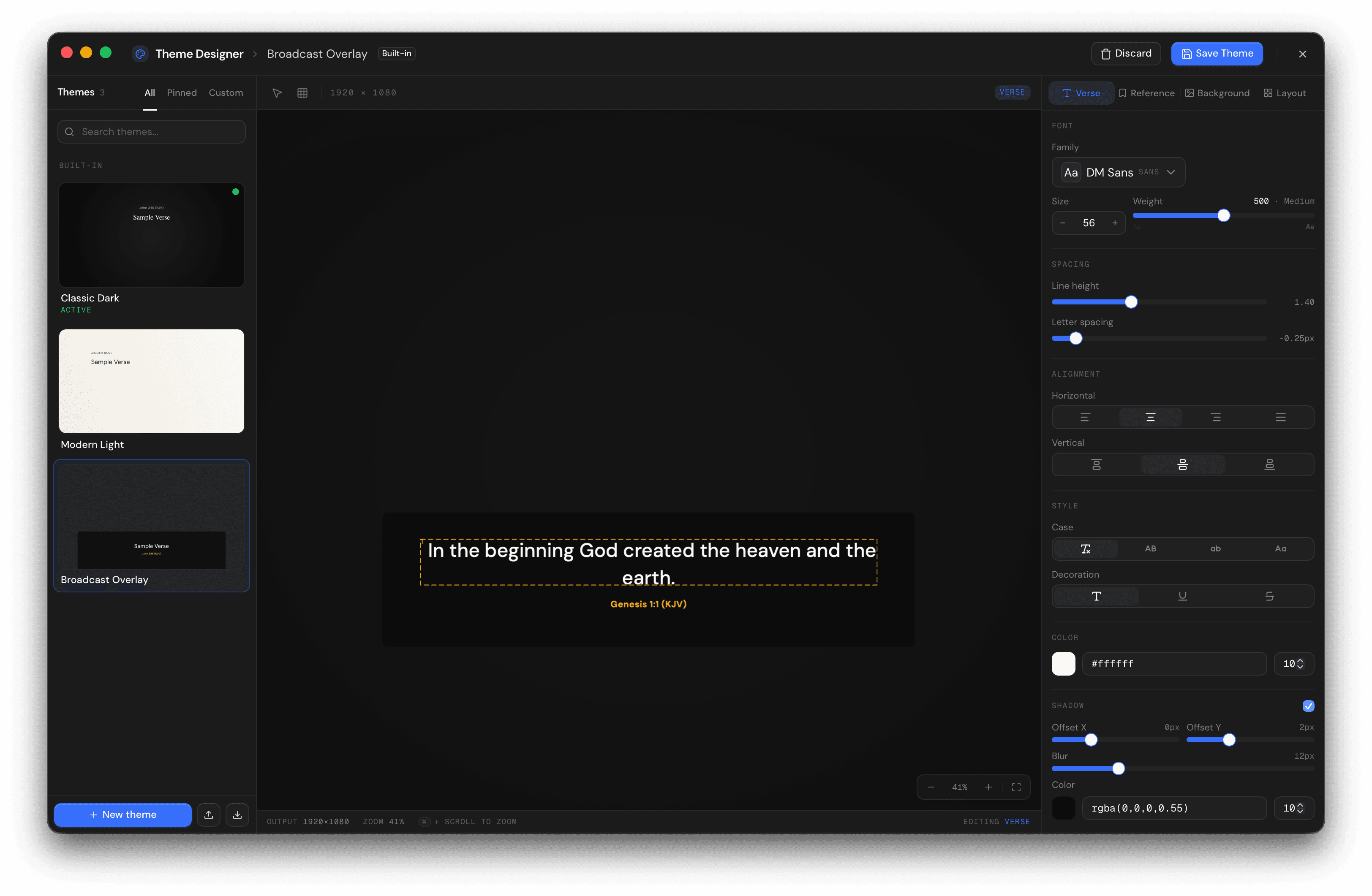 Theme designer canvas with a sample verse overlay, sidebar controls for typography and backgrounds