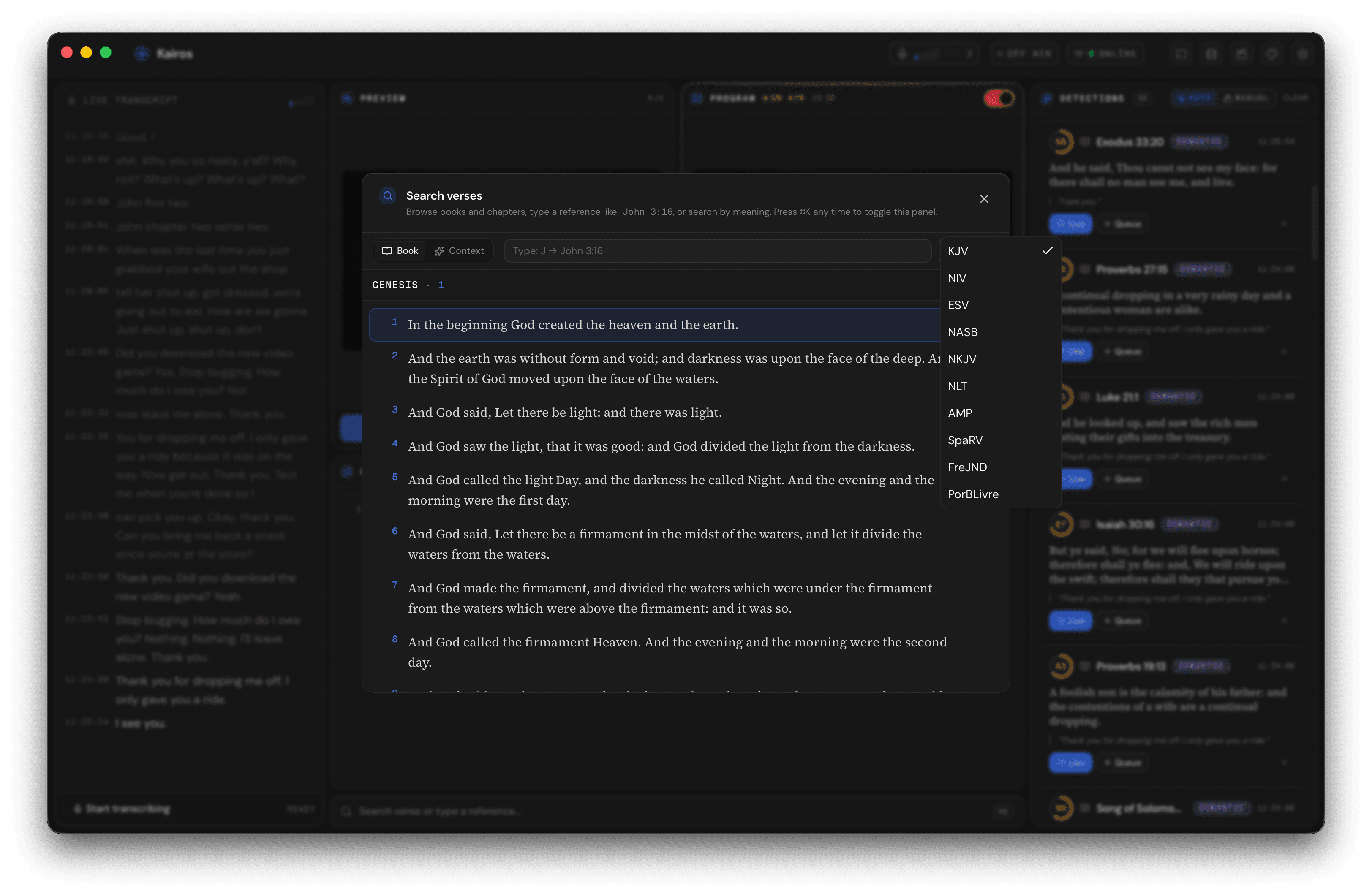 Translation picker in the transport bar with all ten translations listed