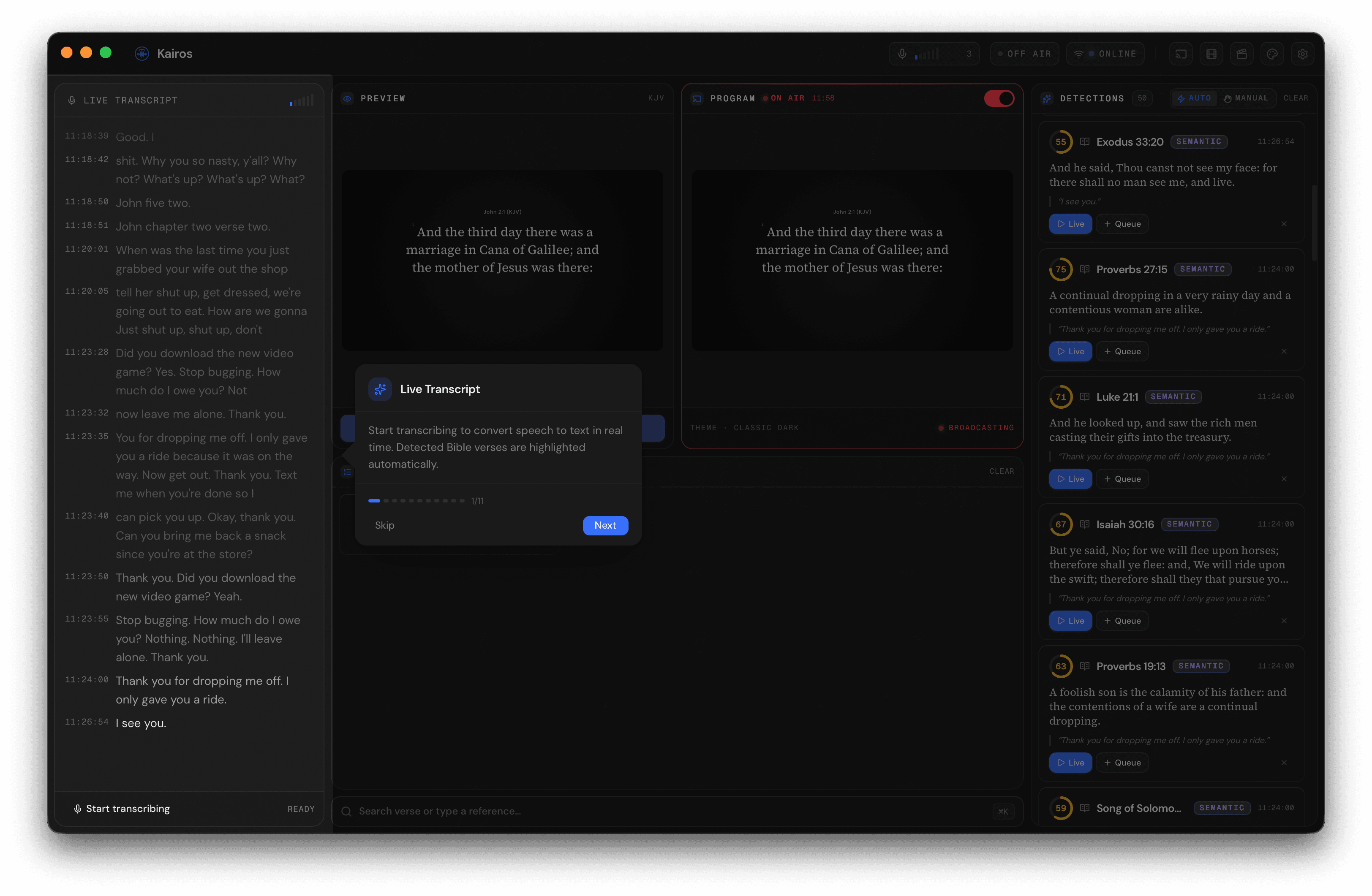 Live transcript scrolling as the pastor speaks