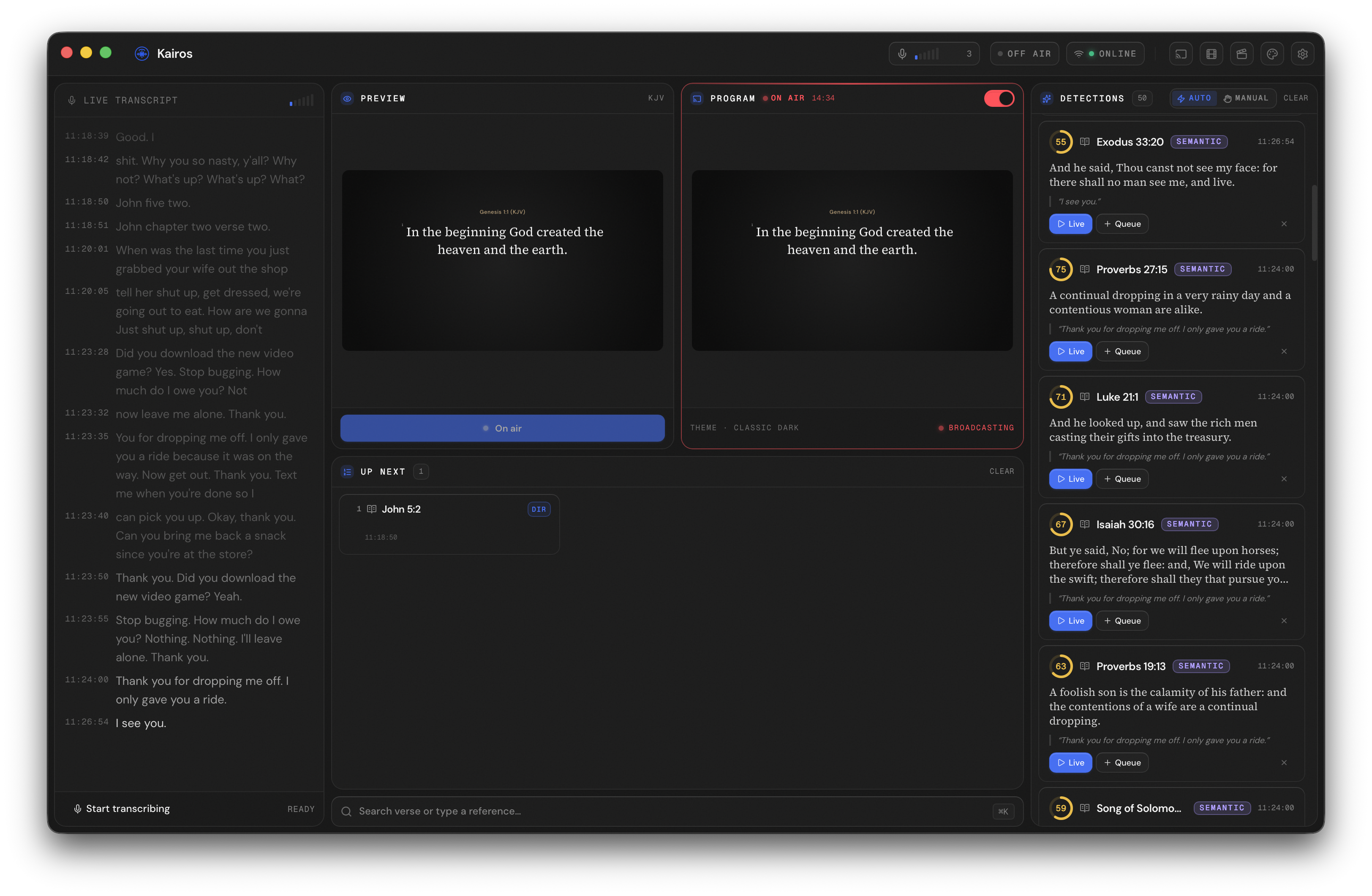 Kairos desktop app, live transcript on the left, detections in the centre, queue and live preview on the right