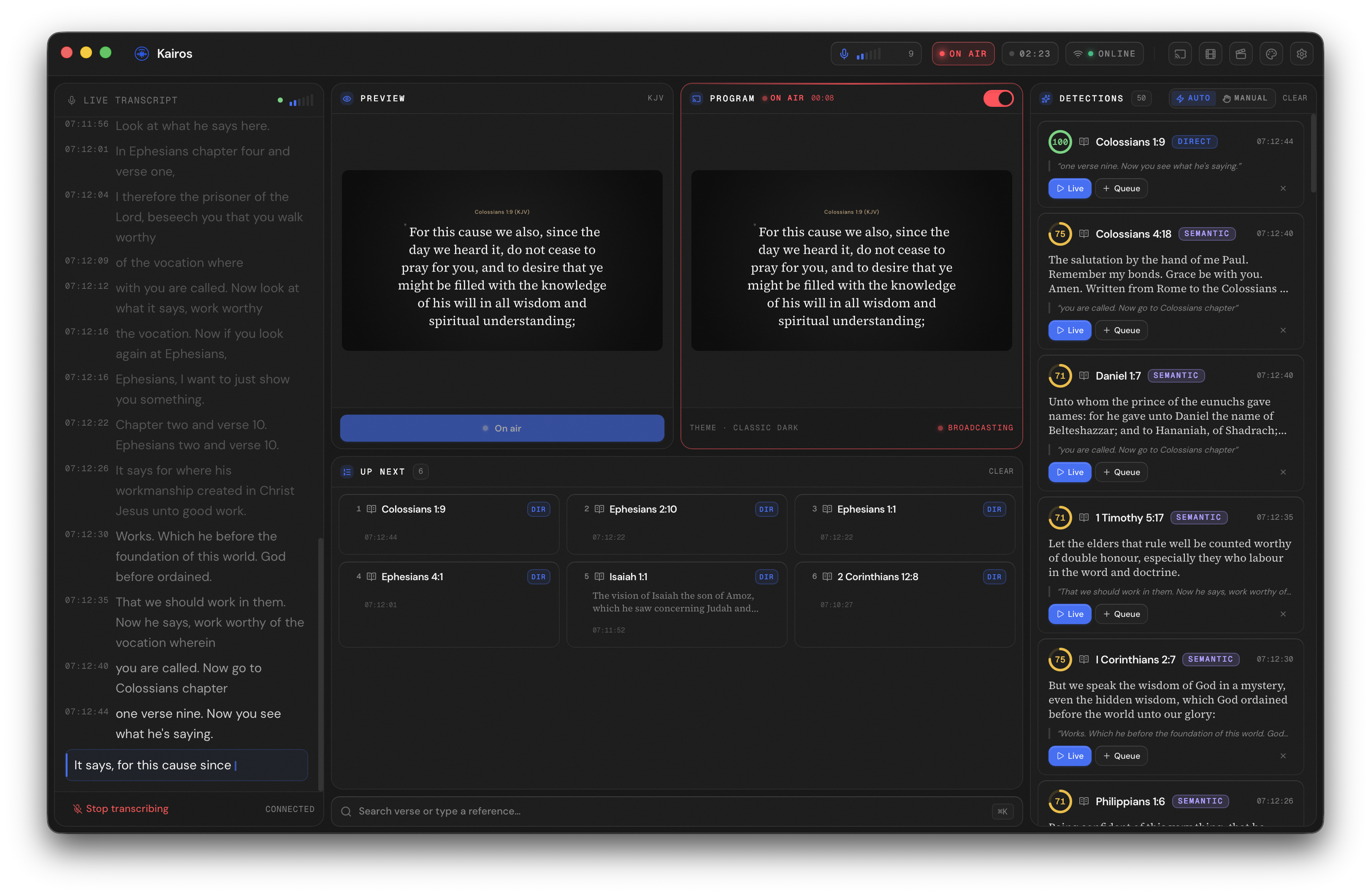 Verse queue with several entries, the next-up item highlighted, and a duplicate flash on a recently re-detected verse