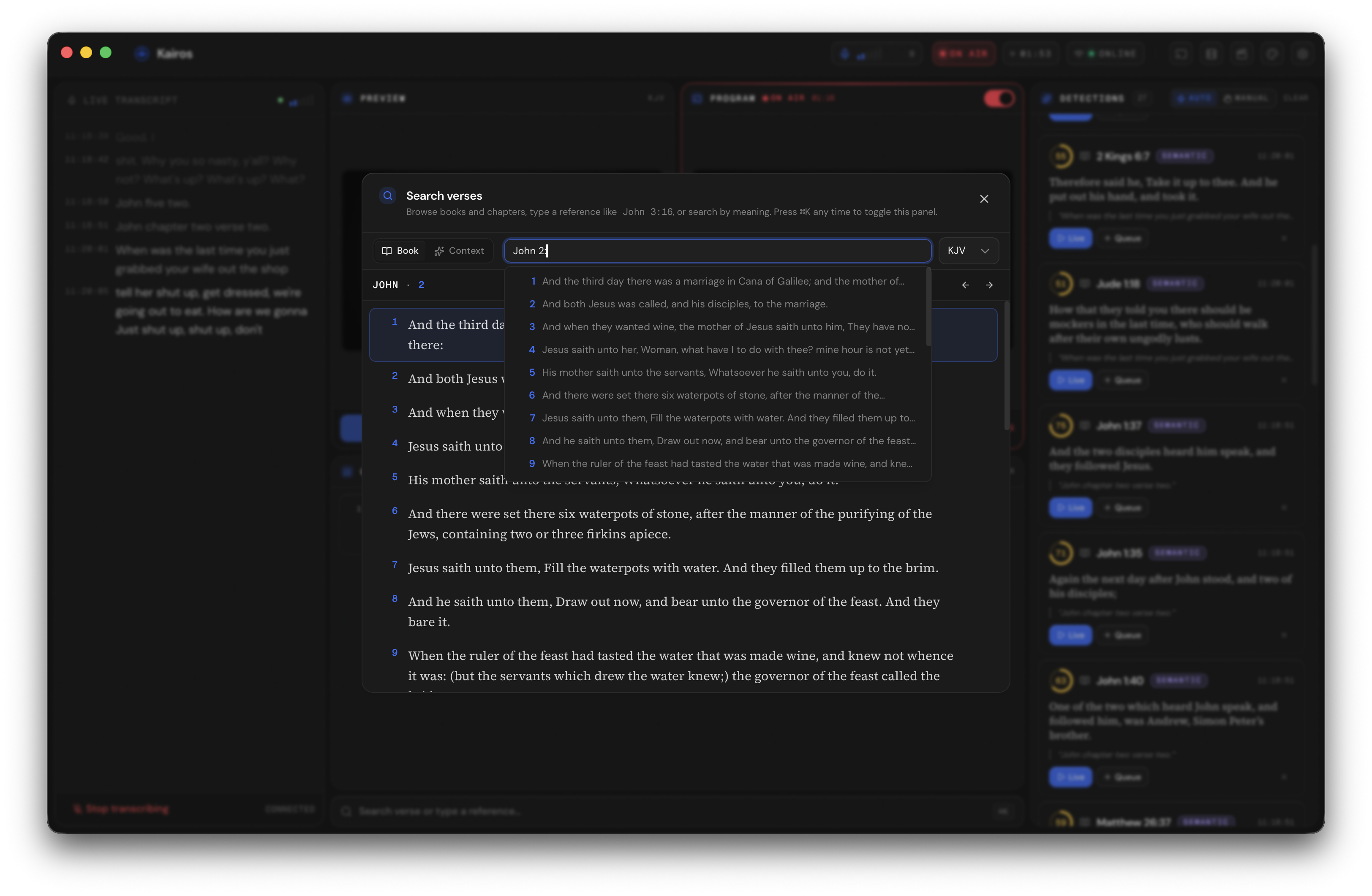 Quick navigation popover with autocomplete suggestions for "J" expanding to Joshua, Job, John, James, Jude