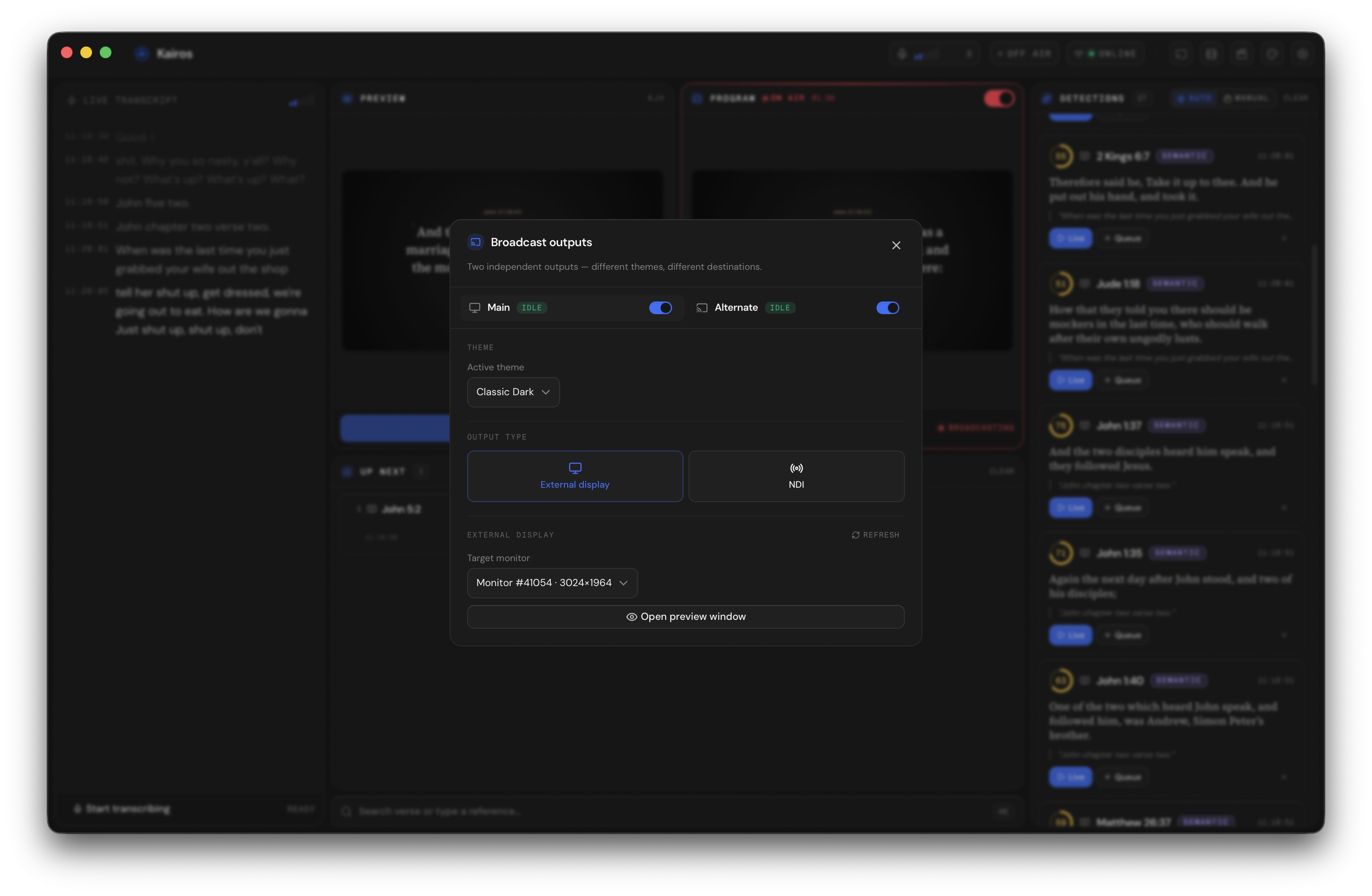 Broadcast settings panel with controls for resolution, frame rate, and alpha mode