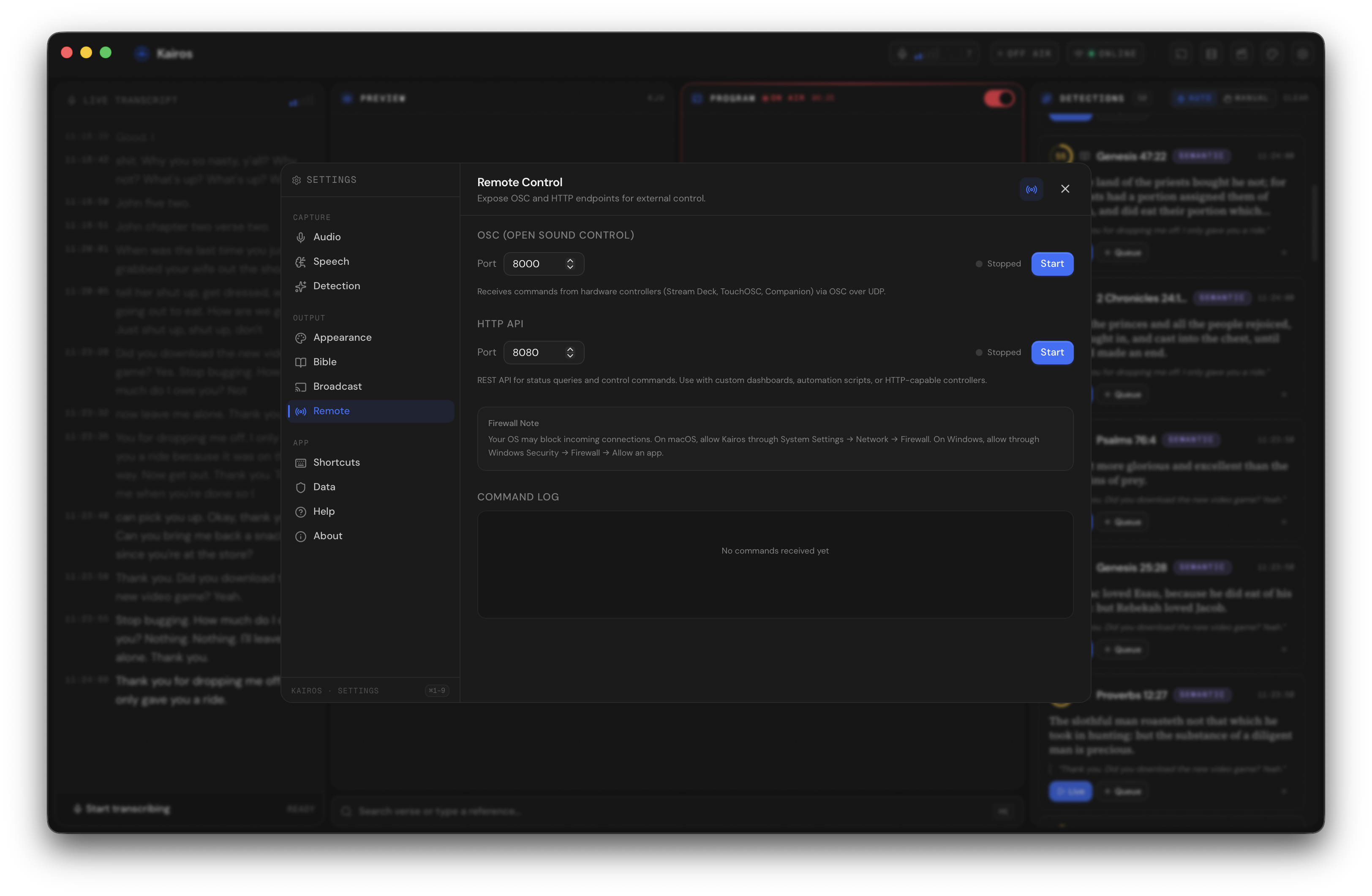 Settings → Remote tab with toggles, port inputs, and a live command log