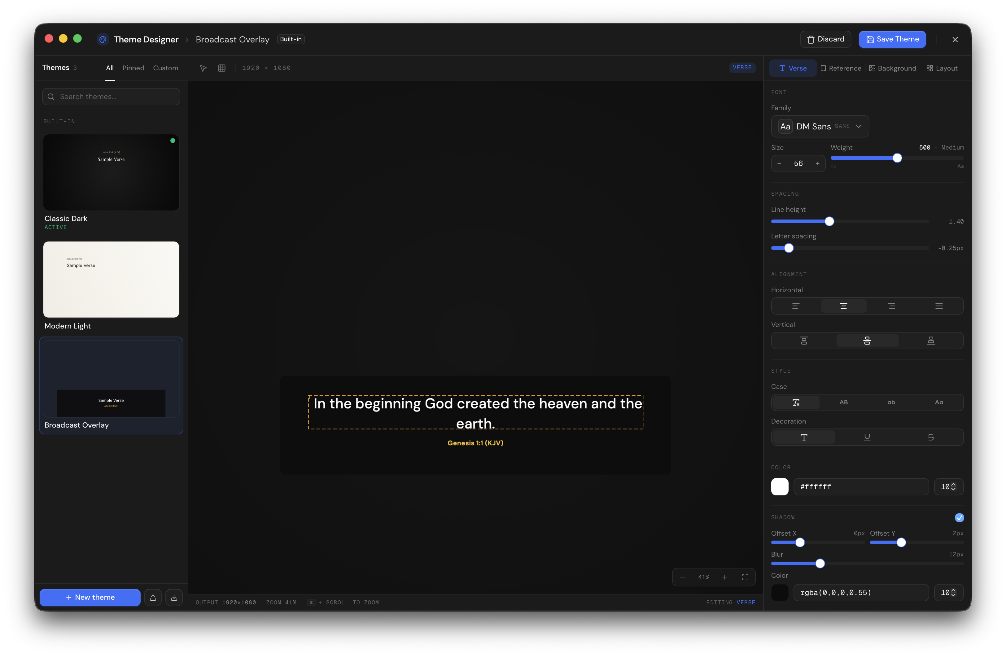 Theme designer canvas with a sample verse overlay, sidebar controls for typography and backgrounds