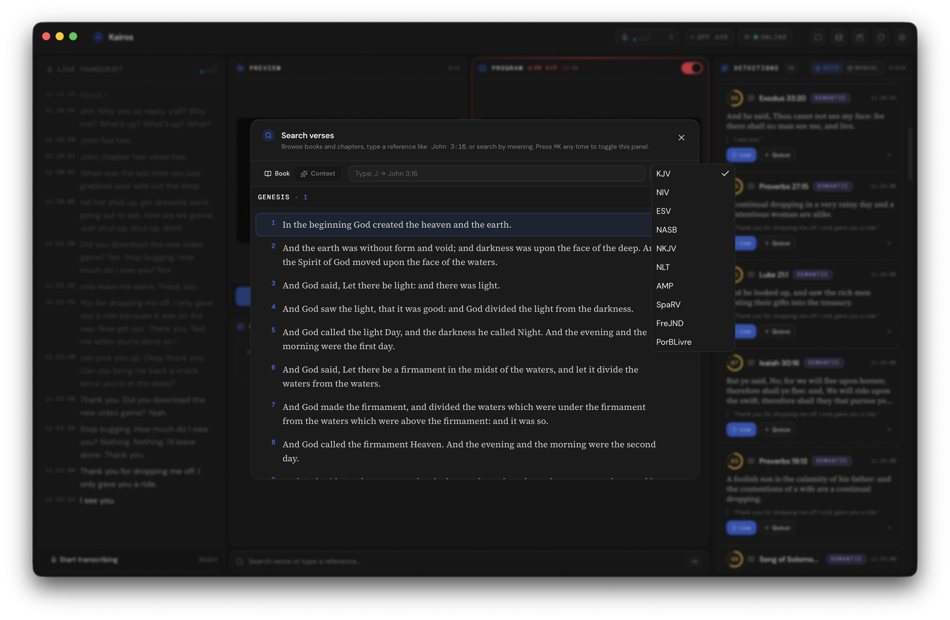 Translation picker in the transport bar with all ten translations listed