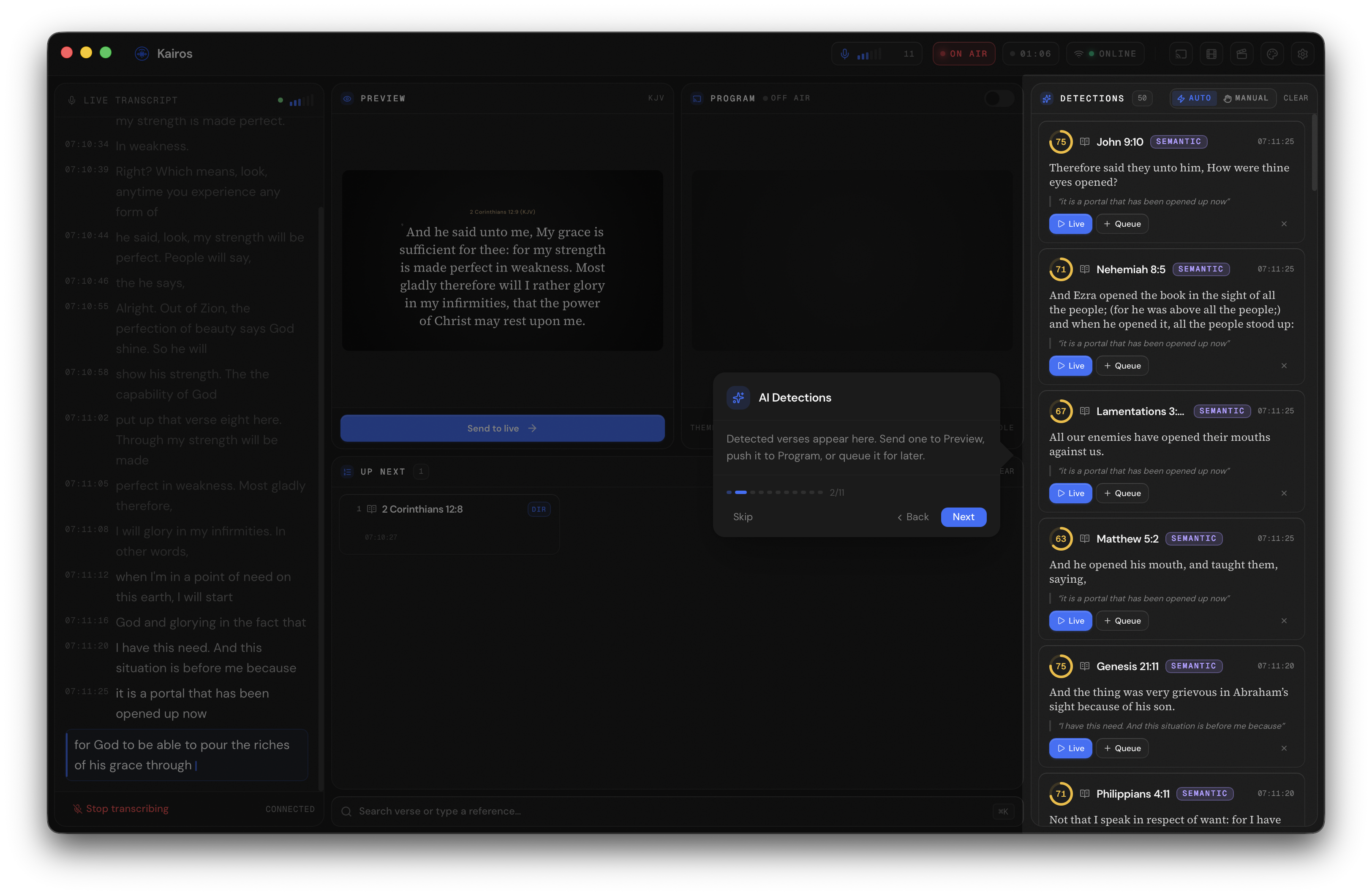 Detections panel showing recognized Bible verses with confidence